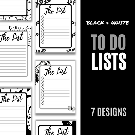 Black & White To Do Lists | Printable Minimalist Task Sheets | 7 Designs