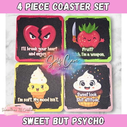 Funny Coaster Set – Sweet But Psycho Collection – 4-Piece Sublimated Coasters – Sassy Food Humor – Neoprene Coaster Gift – Sarcastic Cute Decor