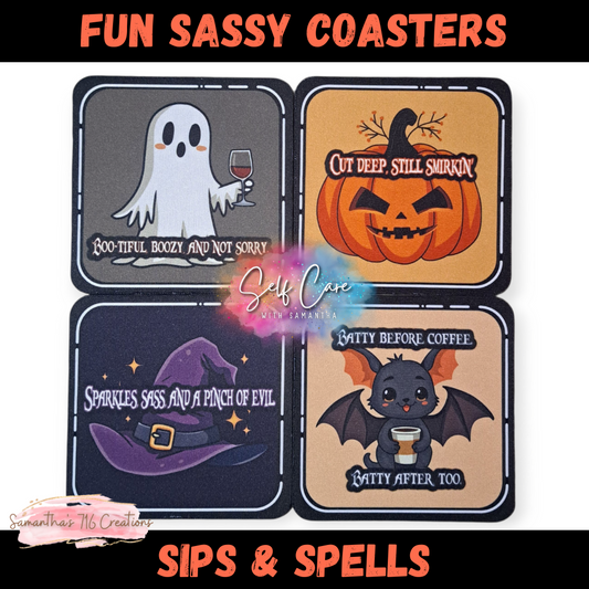 Funny Halloween Coaster Set – Sips & Spells Collection – 4-Piece Sublimated Coasters – Boozy Witchy Humor – Neoprene Coasters – Spooky Cute Gift
